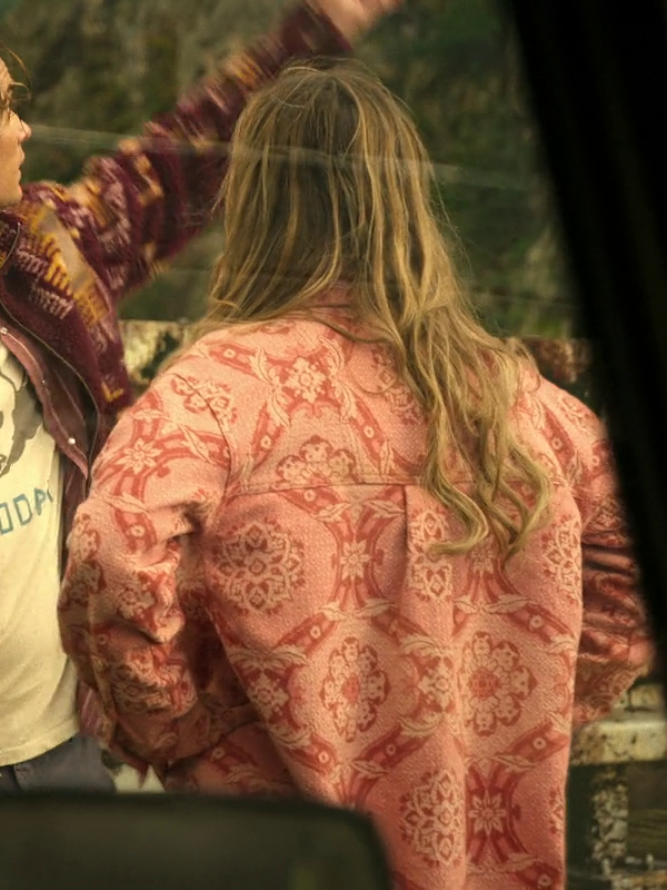 Outer Banks Sarah Cameron pink floral coat side view seated