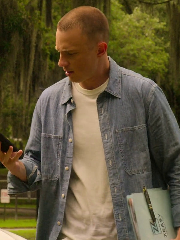 Outer Banks Rafe Cameron blue denim shirt front view outdoor