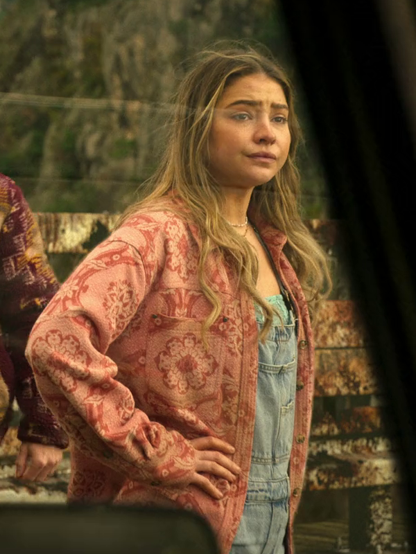 Madelyn Cline Sarah Cameron pink coat side view market scene