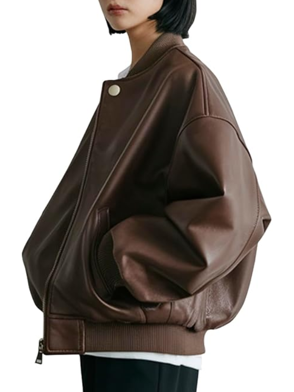 brown ribbed hem leather bomber