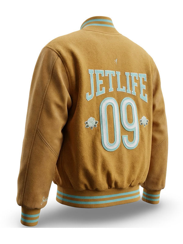 Jet-Life 09 brown wool varsity jacket back view embroidery detail