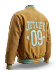 Jet-Life 09 brown wool varsity jacket back view embroidery detail