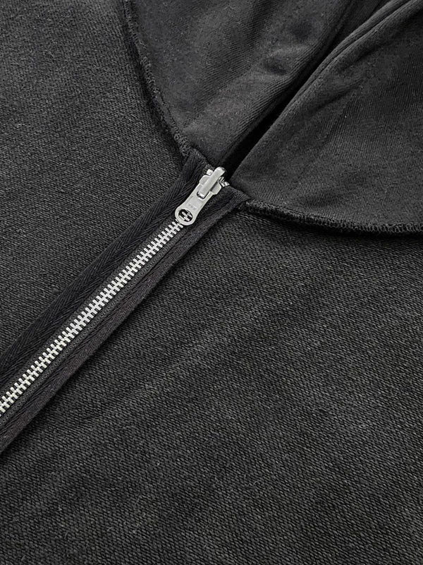 Reversible zip hoodie raw edge hood seam close up detail