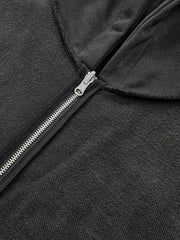 Reversible zip hoodie raw edge hood seam close up detail