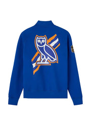OVO X New York Knicks inspired royal blue fleece zip jacket featuring an embroidered owl design on the back
