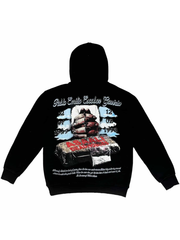 Back of black Pablo Escobar hoodie with distressed portrait artwork, dates, and graphic typography