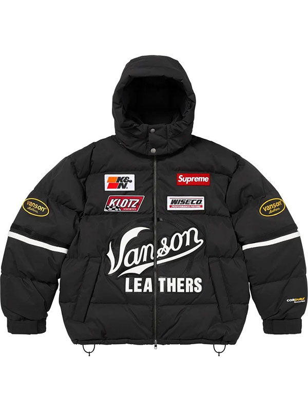 Black Supreme Vanson parachute puffer jacket front view with removable hood