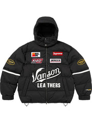 Black Supreme Vanson parachute puffer jacket front view with removable hood