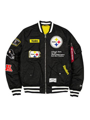 Pittsburgh Steelers black MA-1 bomber jacket with embroidered patches on the front