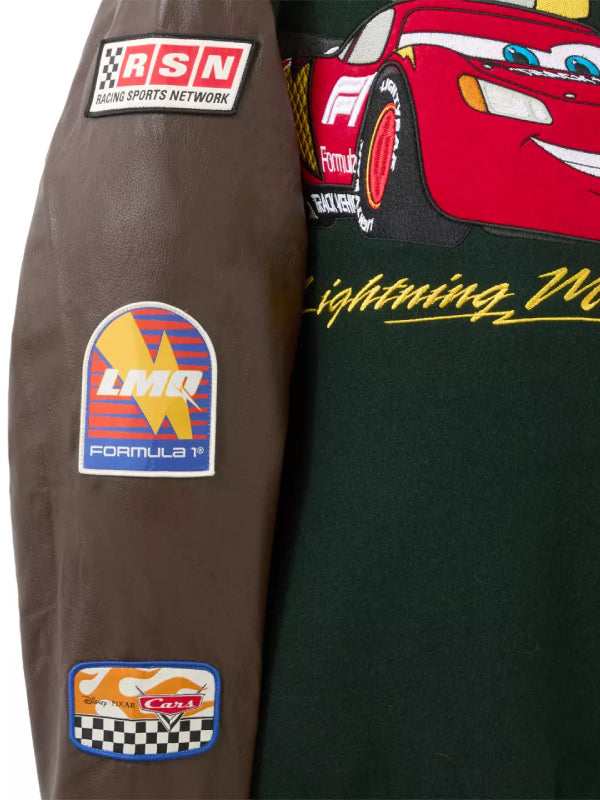 Cars F1 varsity jacket sleeve racing patches close up
