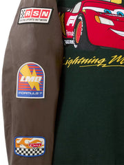 Cars F1 varsity jacket sleeve racing patches close up