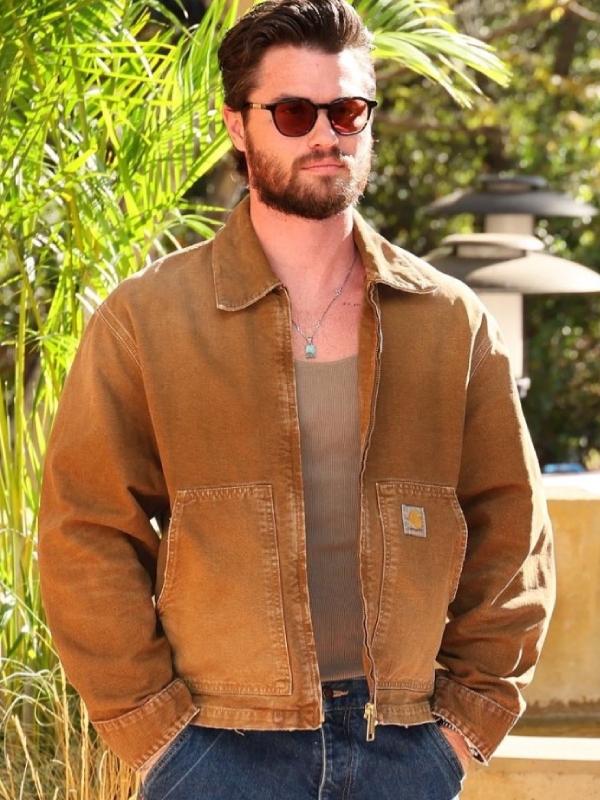 Chase Stokes Pogues For Life brown work jacket sunglasses outdoor