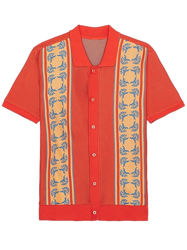 Outer Banks Pope Heyward orange panel button down polo flat lay