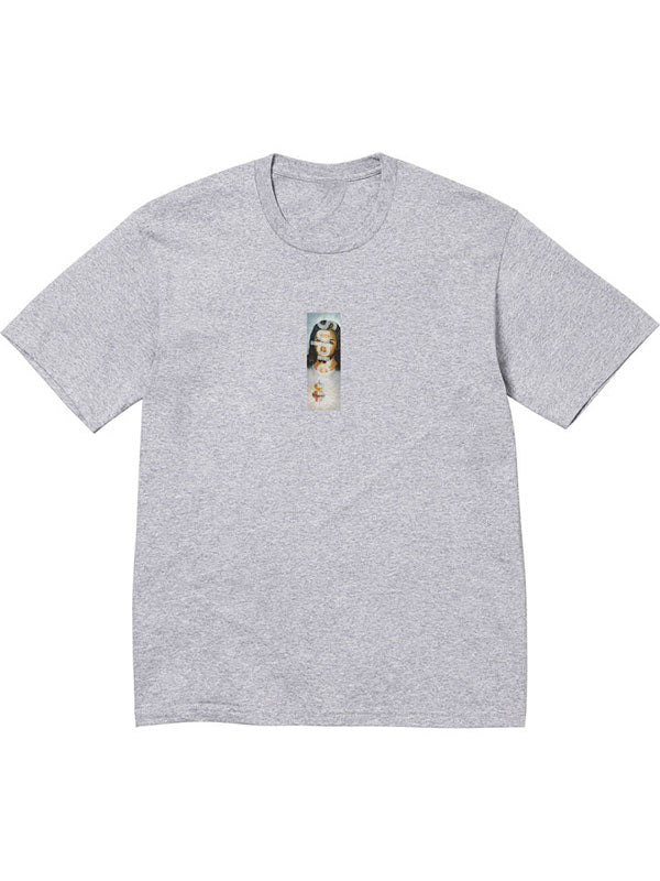 Supreme Prayer Card Box Logo Tee gray T-shirt with centered prayer card graphic