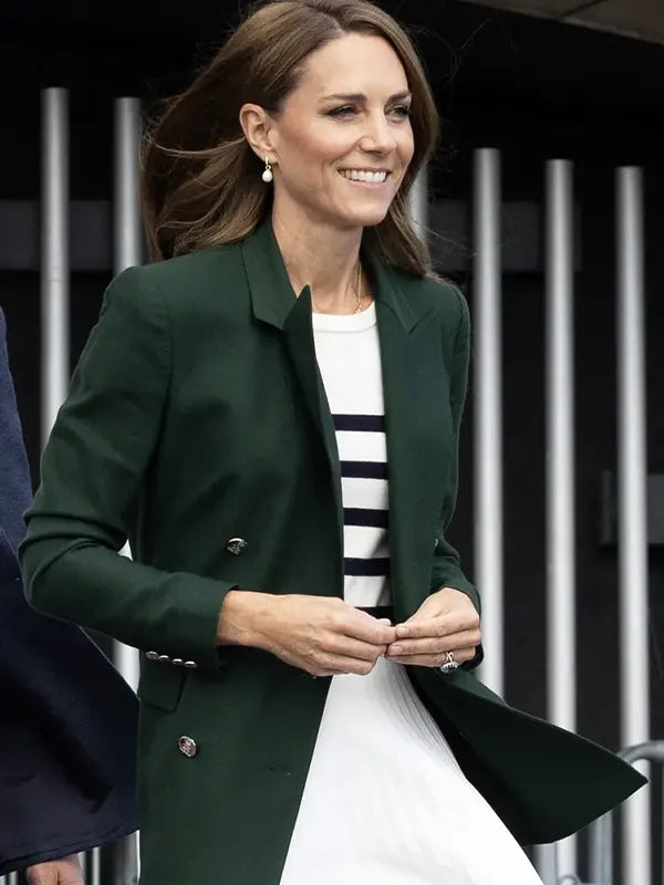 Kate Middleton inspired green double breasted blazer close up event