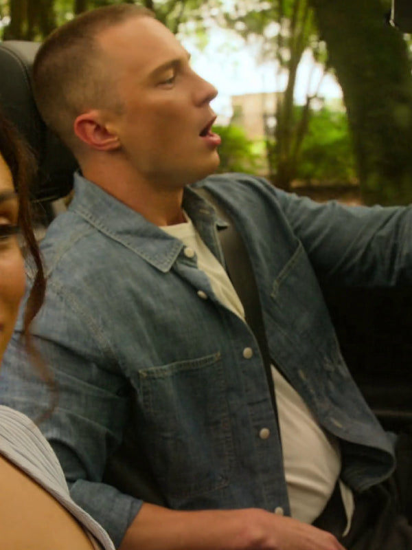 Rafe Cameron Outer Banks blue denim shirt side view car scene