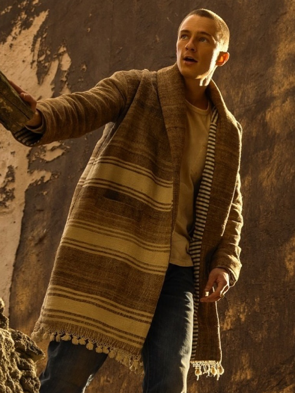 Rafe Cameron Outer Banks striped wool coat front view desert scene