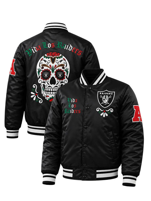 Viva Los Raiders sugar skull satin varsity jacket front and back view