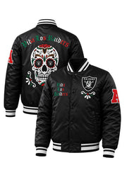 Viva Los Raiders sugar skull satin varsity jacket front and back view