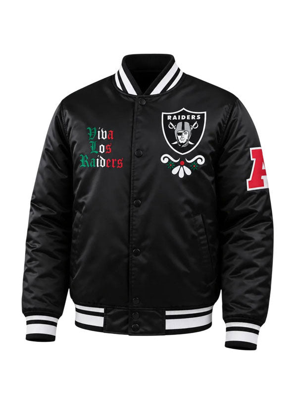 Viva Los Raiders satin varsity jacket front view Raiders logo