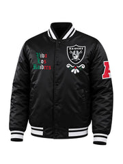 Viva Los Raiders satin varsity jacket front view Raiders logo
