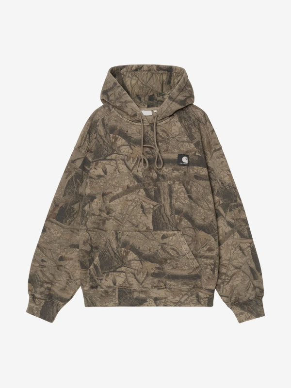 Front view, flat lay, tan camo print hoodie with kangaroo pocket and chest patch