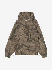 Front view, flat lay, tan camo print hoodie with kangaroo pocket and chest patch