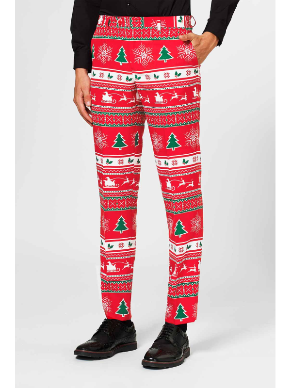 Red Christmas holly Nordic print slim fit trousers