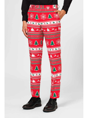 Red Christmas holly Nordic print slim fit trousers