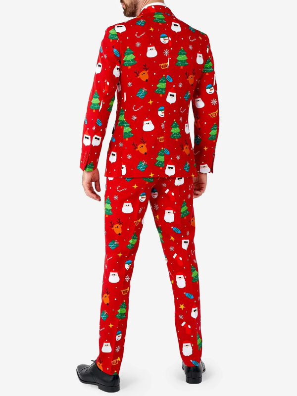 Festive red Christmas reindeer tree print suit