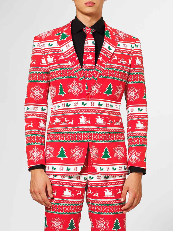 Red green Christmas print blazer with matching tie