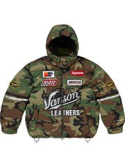 Woodland camouflage Supreme Vanson parachute puffer jacket front view with removable hood