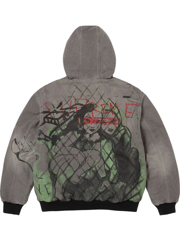 Supreme washed gray hooded jacket back view with large illustrated graphic artwork