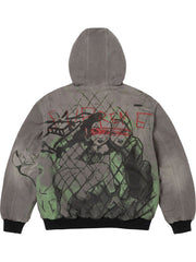 Supreme washed gray hooded jacket back view with large illustrated graphic artwork