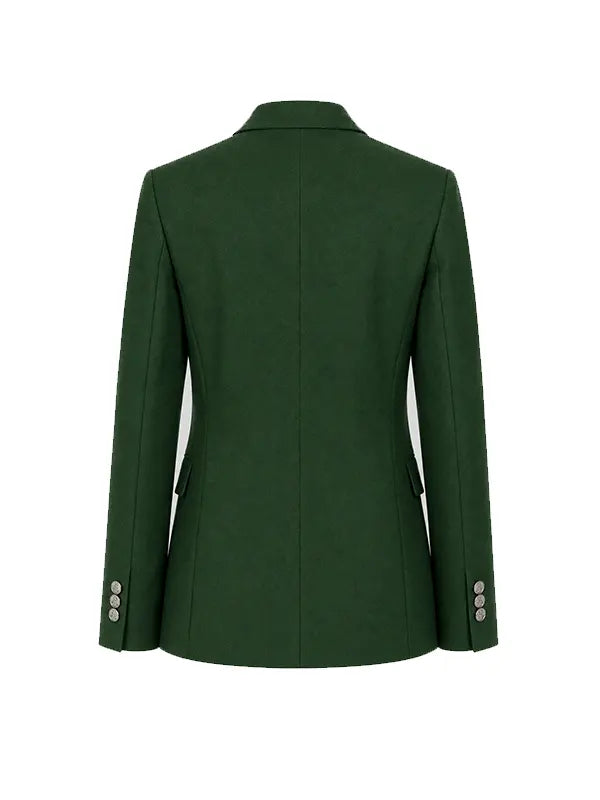 Green double breasted blazer back view product shot plain background
