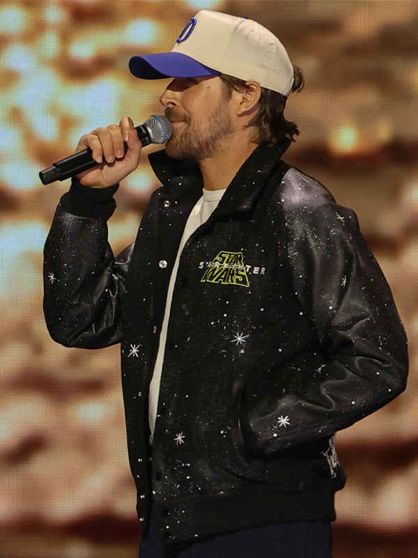 Ryan Gosling Kade Auberon galaxy print varsity jacket side view