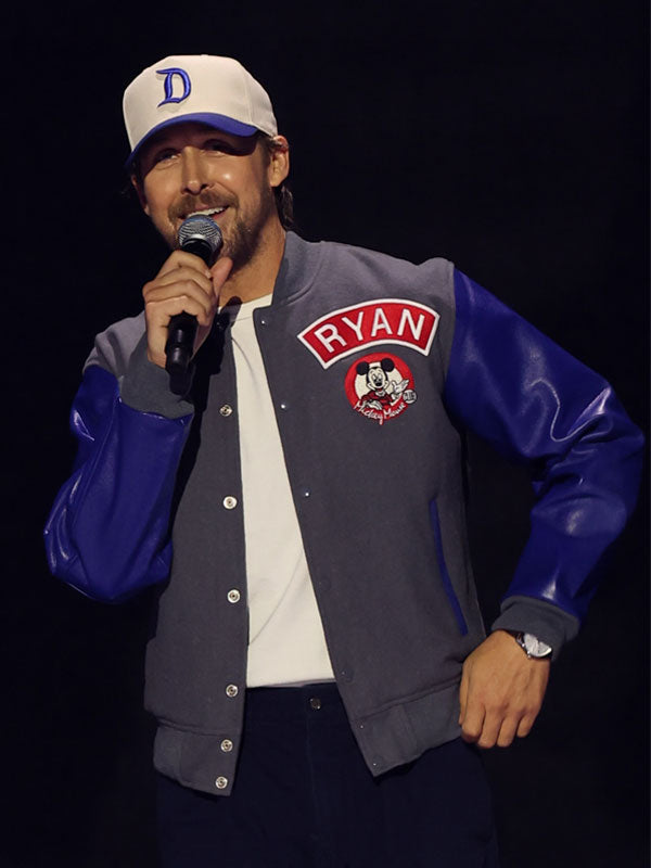 Ryan Gosling D23 Mickey Mouse Club varsity jacket close up front view