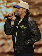 Ryan Gosling Kade Auberon galaxy print varsity jacket side view