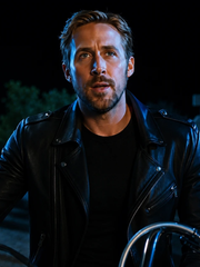 Ryan Gosling Ghost Rider Johnny Blaze black leather jacket close up night