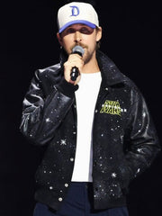 Ryan Gosling Star Wars Starfighter skull print varsity jacket front view