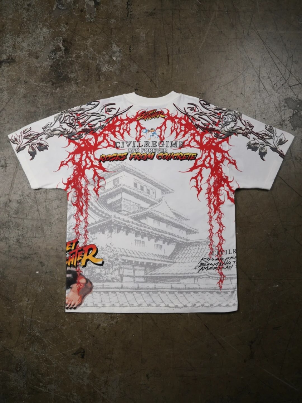 Street Fighter Civil Regime white tee back view flat lay