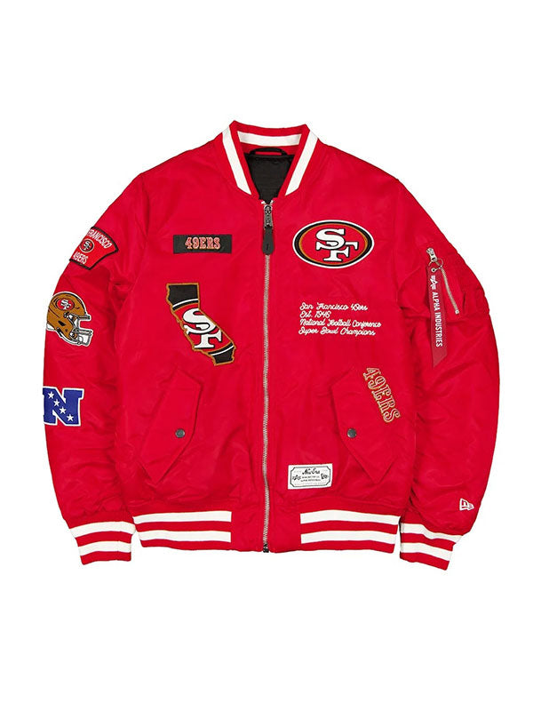 San Francisco 49ers inspired red MA-1 bomber jacket with embroidered patches front view