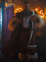David Harbour Violent Night 2 Santa Claus red genuine leather coat front view