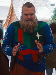 David Harbour Violent Night 2 Santa Claus blue Christmas sweater front view