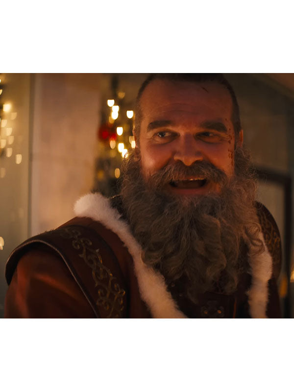 Santa Claus Violent Night 2 fur trim coat close up shoulder embroidery
