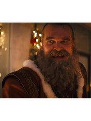 Santa Claus Violent Night 2 fur trim coat close up shoulder embroidery