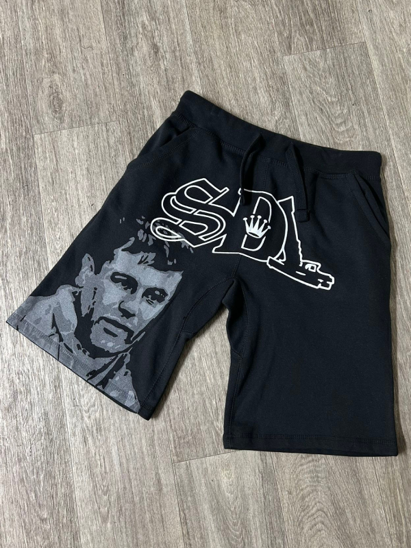 SDL black fleece shorts portrait print flat lay front view