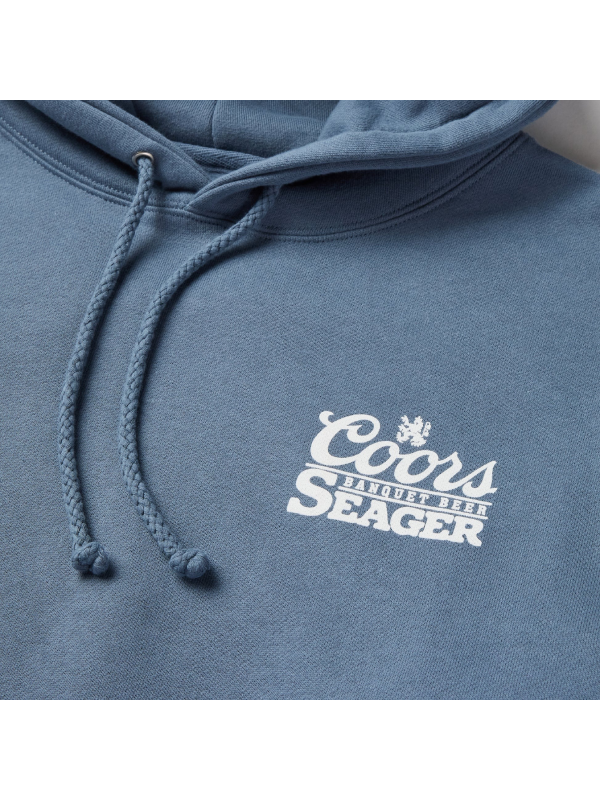 Coors Banquet Seager chest logo close up blue hoodie