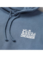 Coors Banquet Seager chest logo close up blue hoodie