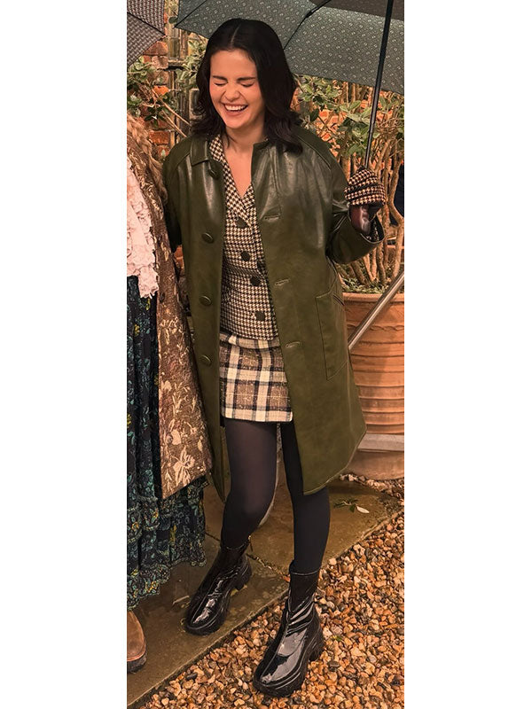 Mabel Mora Only Murders olive green leather coat front view full body outdoor